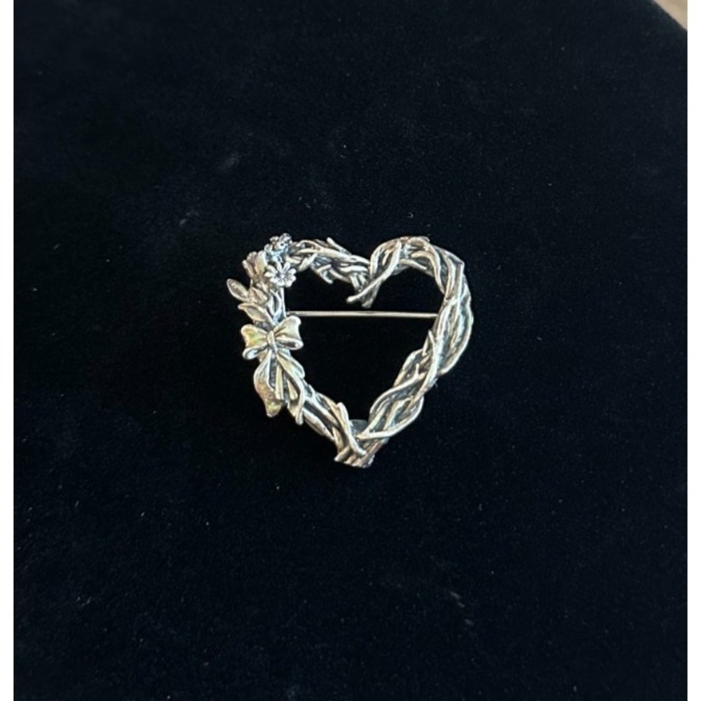 HAND & HAMMER 925 Sterling Silver Heart Brooch Pin Hand Forged Vintage Floral